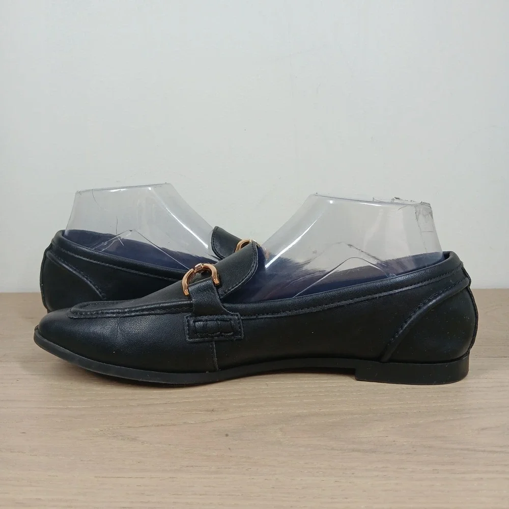 Steve Madden Loafers Women 9 Carrine Black Leather Gold Horsebit Flat Shoes